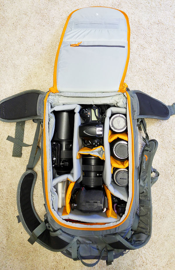 Inside packed LowePro Whistle 450 AW